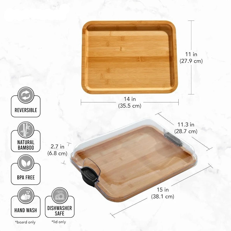 Bamboo Cutting Board with Clear Locking Lid and Black Handles