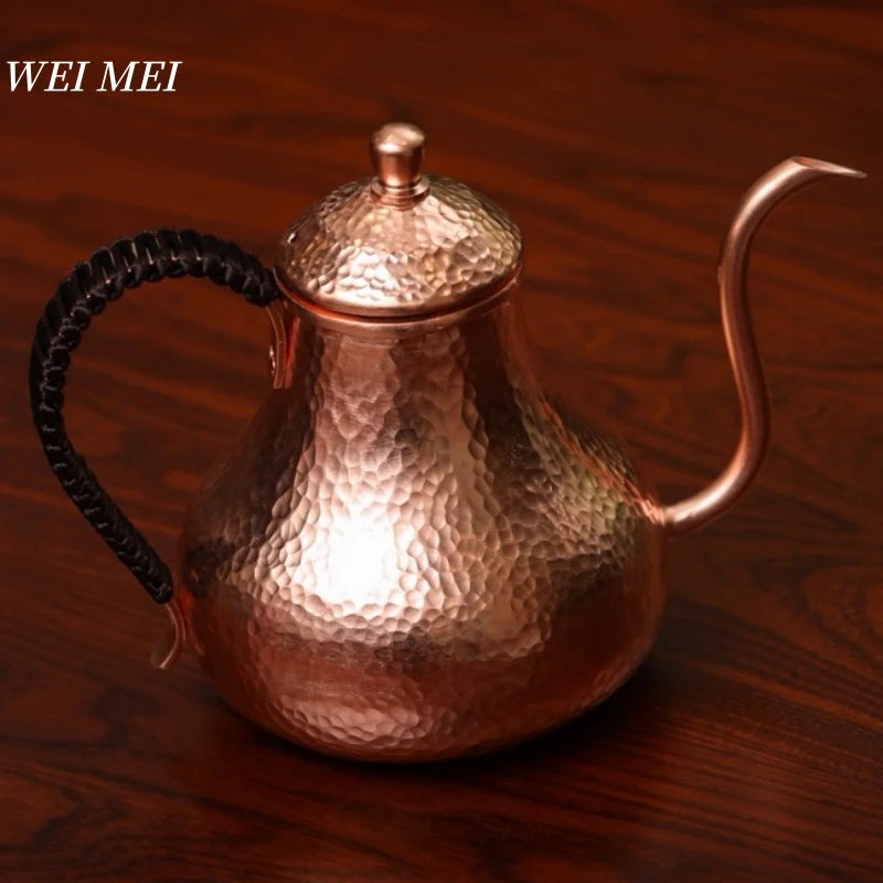 Handcrafted Vintage Pure Copper Coffee Pot,Camping 600 ml Pour-Over Boil Water Kettle,Engraving Hammer Texture Tea Pot Tableware