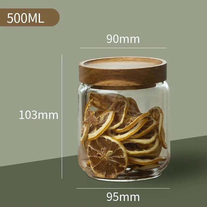 Wood Lid Glass Airtight Kitchen Storage Jars