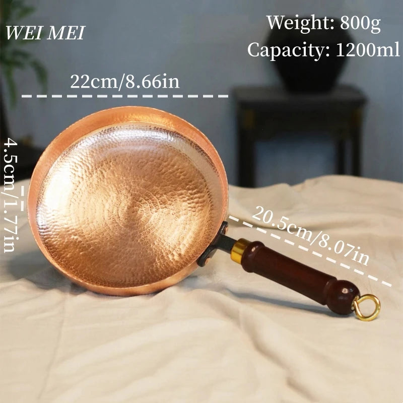 Handcrafted Copper Flat Pan,Campfire Picnic Steak Plate Western-Style Dinner Dish Wooden Handle Skillet Flat Bottom PanTableware