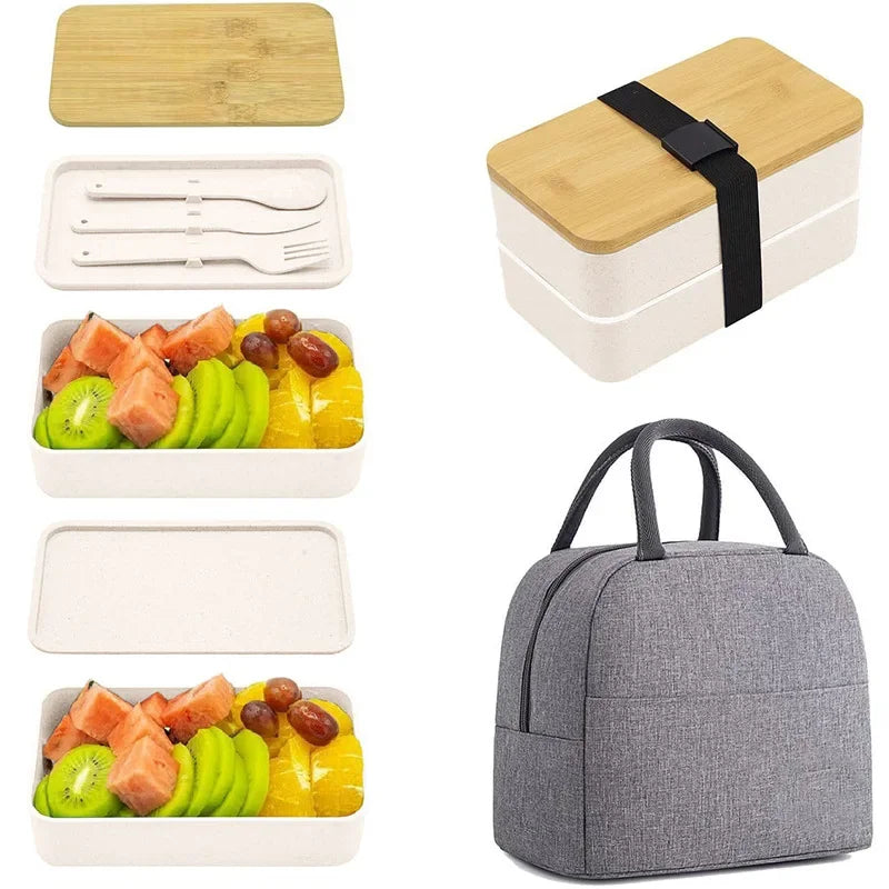 Adult Bento Lunch Box, 2-Tier Food Storage Container Set with Cutlery for Kids/children, Crisper Microwave and Dishwasher Safe