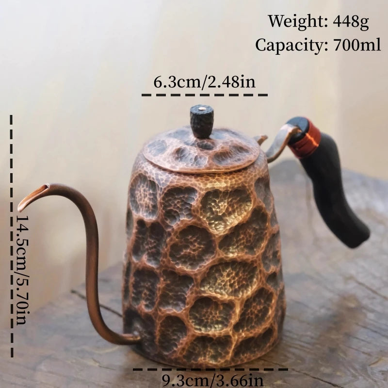 Vintage Copper Long Beak Coffee Pot,for Boiling Water and Brewing Tea,Handcrafted Engraving Rock-Pattern Gift Pot Tableware