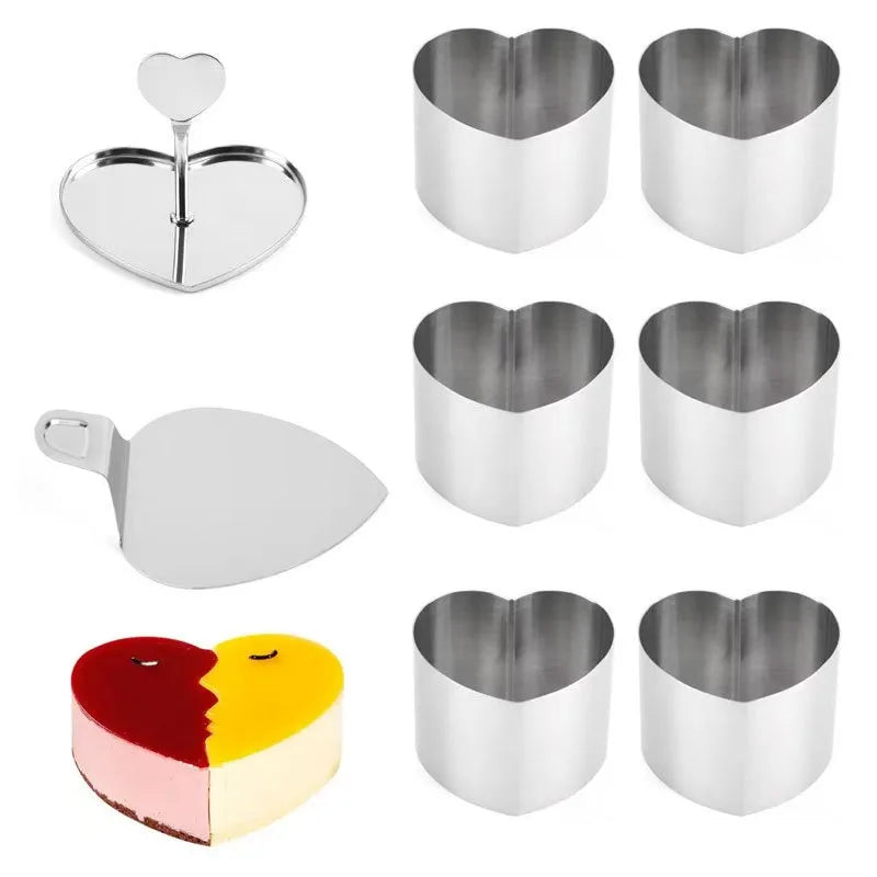 6pcs Cake Ring Molds Round/Heart Shape Stainless Steel Rice Ball Mousses Mold with Pusher & Pallet Kitchen Pastry Accessories