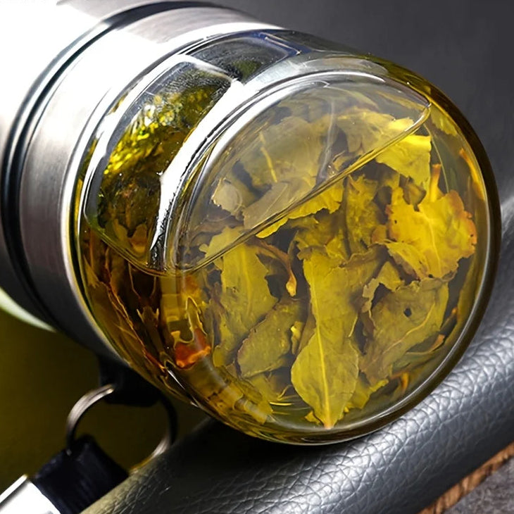 Double-Wall Insulated Glass Tea Soaking Bottle with Water Separation Compartment