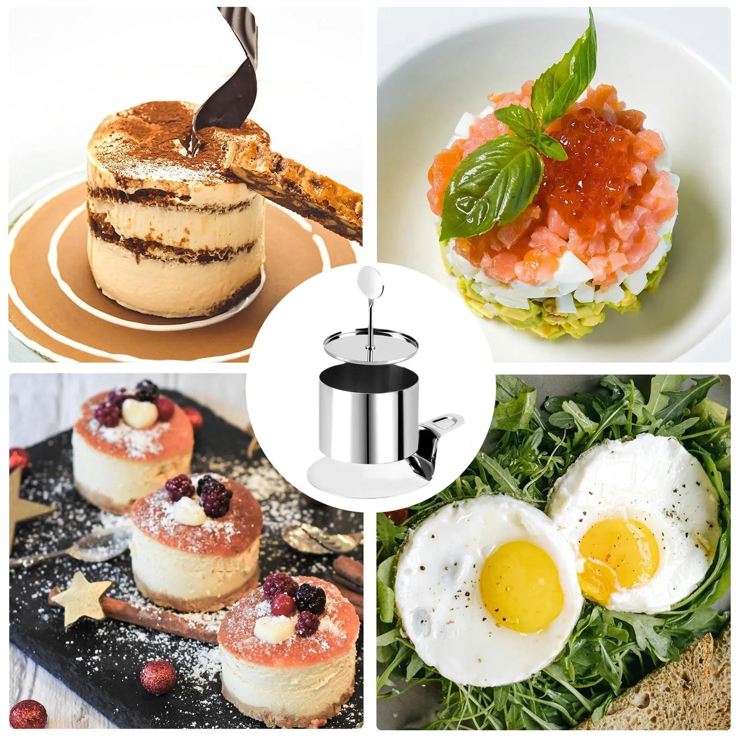 6pcs Cake Ring Molds Round/Heart Shape Stainless Steel Rice Ball Mousses Mold with Pusher & Pallet Kitchen Pastry Accessories