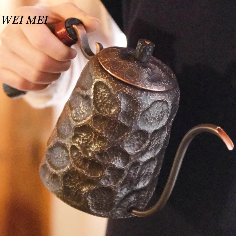 Vintage Copper Long Beak Coffee Pot,for Boiling Water and Brewing Tea,Handcrafted Engraving Rock-Pattern Gift Pot Tableware
