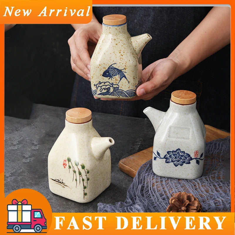 Ceramic Sauce Pot Japanese Style Vinegar Dispenser Soy Sauce Seasoning Tool Cooking Olive Oil Pouring Bottle with Leakproof Lid