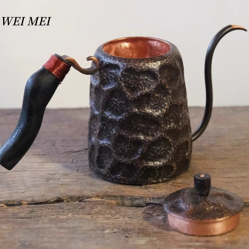 Vintage Copper Long Beak Coffee Pot,for Boiling Water and Brewing Tea,Handcrafted Engraving Rock-Pattern Gift Pot Tableware