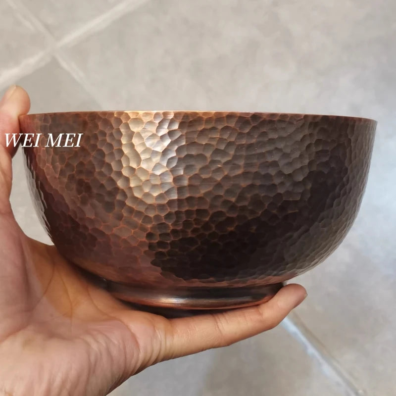 Retro Pure Copper Thickened Food Bowl,14.5 cm Handcrafted Hammer Texture Picnic Soup Copper Tableware,Portable Home Salad Bowls