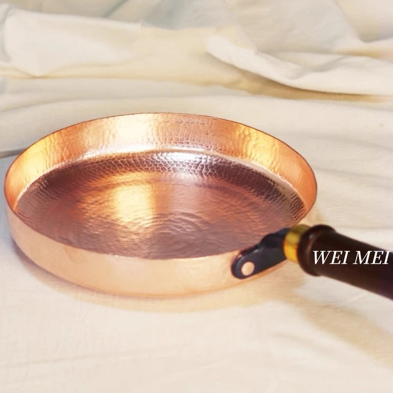 Handcrafted Copper Flat Pan,Campfire Picnic Steak Plate Western-Style Dinner Dish Wooden Handle Skillet Flat Bottom PanTableware