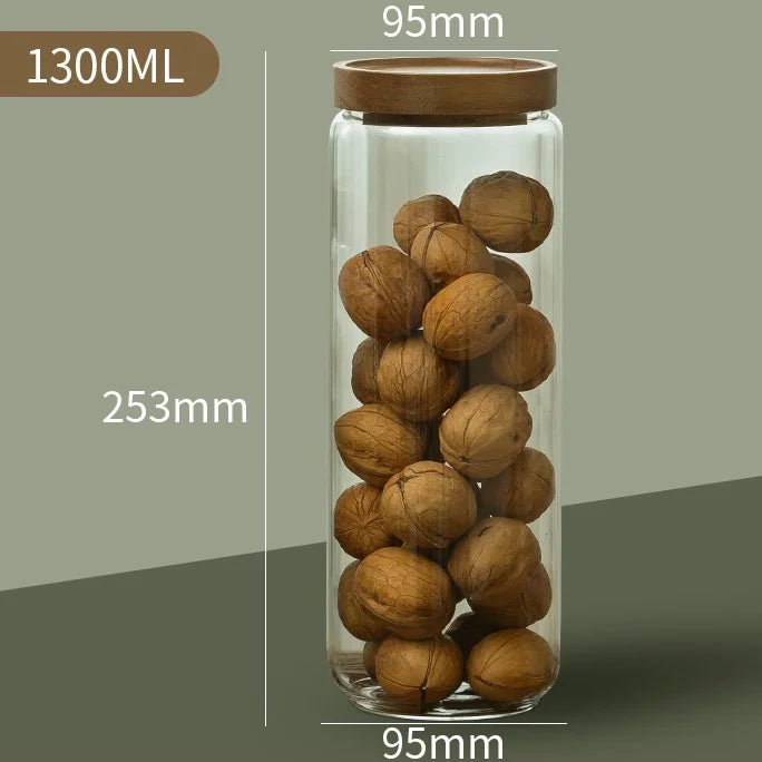 Wood Lid Glass Airtight Kitchen Storage Jars