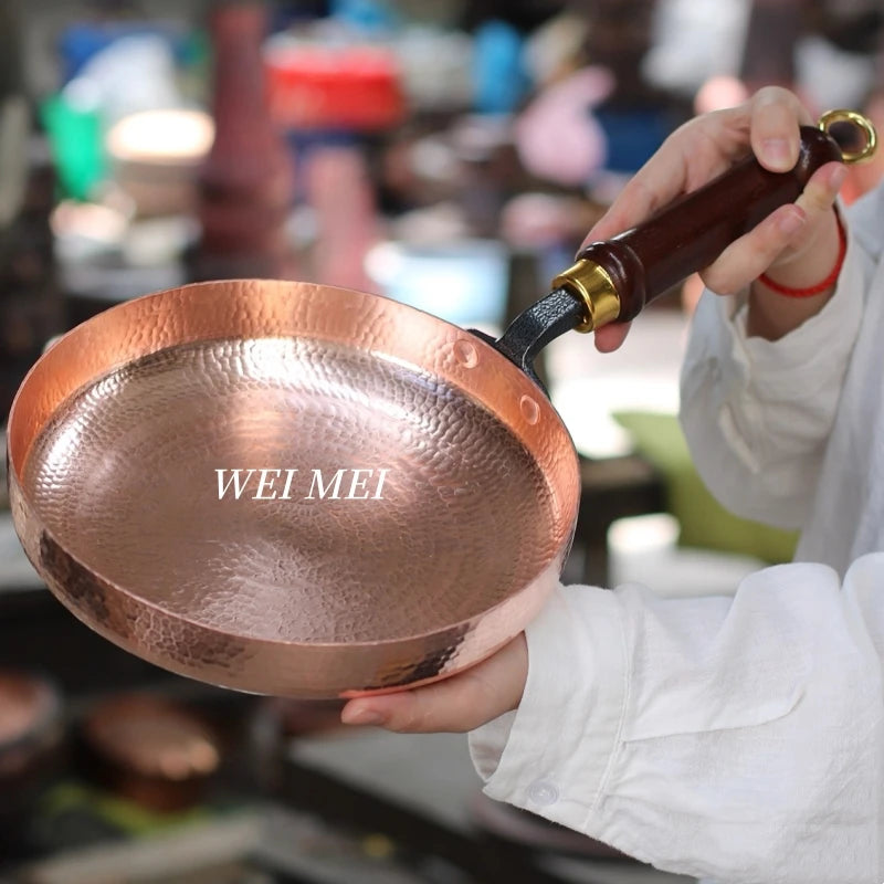 Handcrafted Copper Flat Pan,Campfire Picnic Steak Plate Western-Style Dinner Dish Wooden Handle Skillet Flat Bottom PanTableware