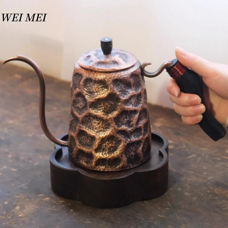 Vintage Copper Long Beak Coffee Pot,for Boiling Water and Brewing Tea,Handcrafted Engraving Rock-Pattern Gift Pot Tableware