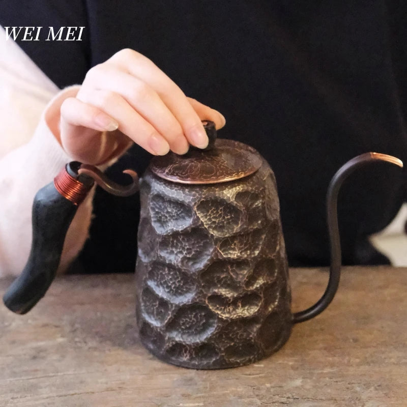 Vintage Copper Long Beak Coffee Pot,for Boiling Water and Brewing Tea,Handcrafted Engraving Rock-Pattern Gift Pot Tableware