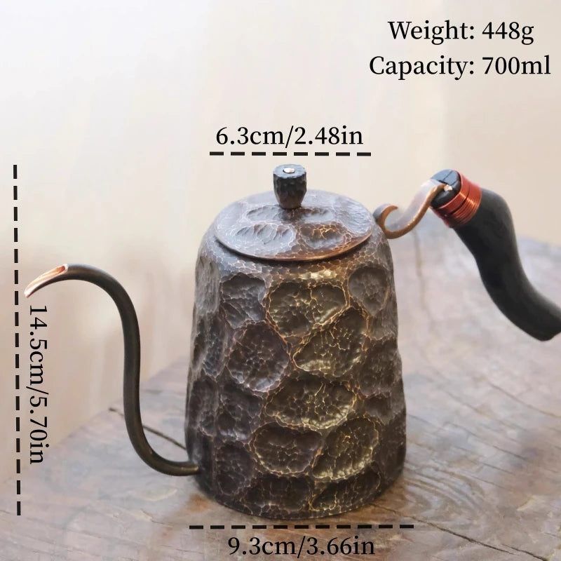 Vintage Copper Long Beak Coffee Pot,for Boiling Water and Brewing Tea,Handcrafted Engraving Rock-Pattern Gift Pot Tableware
