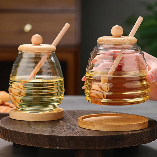 Glass Honeycomb Honey Storage Container with Dipper and Lid