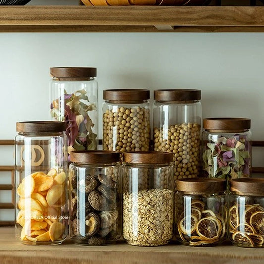 Wood Lid Glass Airtight Kitchen Storage Jars