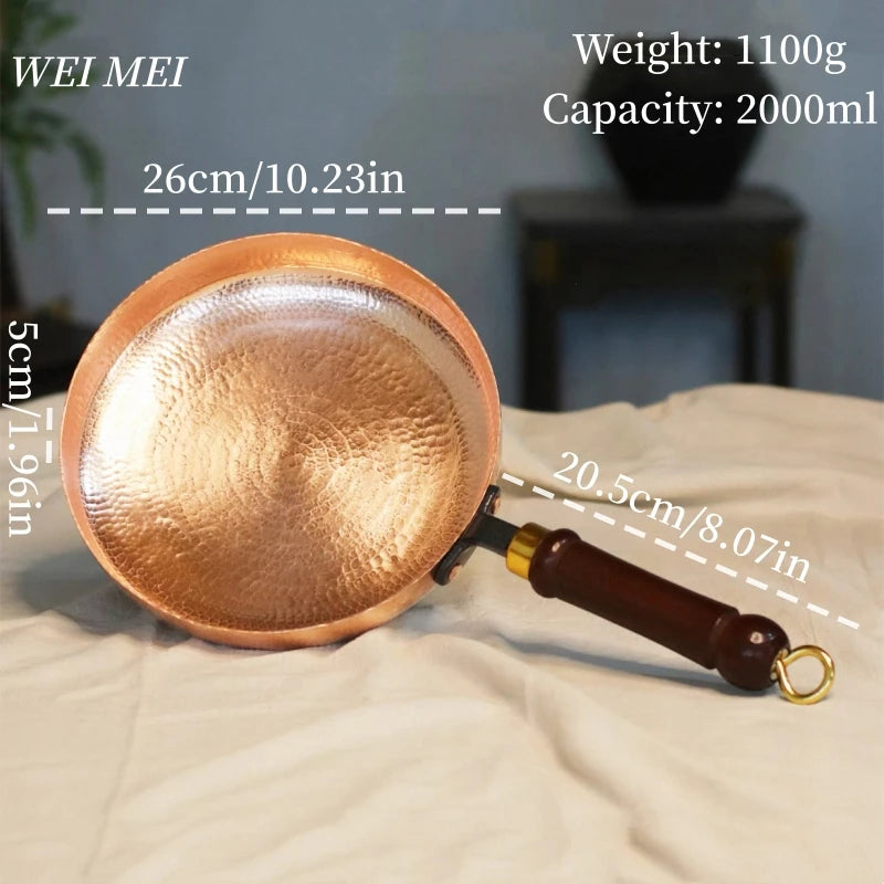 Handcrafted Copper Flat Pan,Campfire Picnic Steak Plate Western-Style Dinner Dish Wooden Handle Skillet Flat Bottom PanTableware