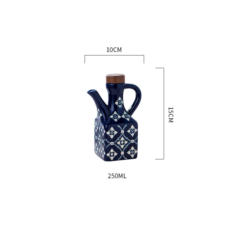 250ML Ceramic Oil Pot American Style Household Oil Bottle Blue Printed Oil Bottle Soy Sauce Vinegar Pot Kitchen Seasoning Bottle
