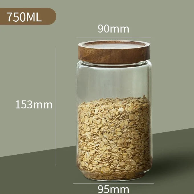 Wood Lid Glass Airtight Kitchen Storage Jars