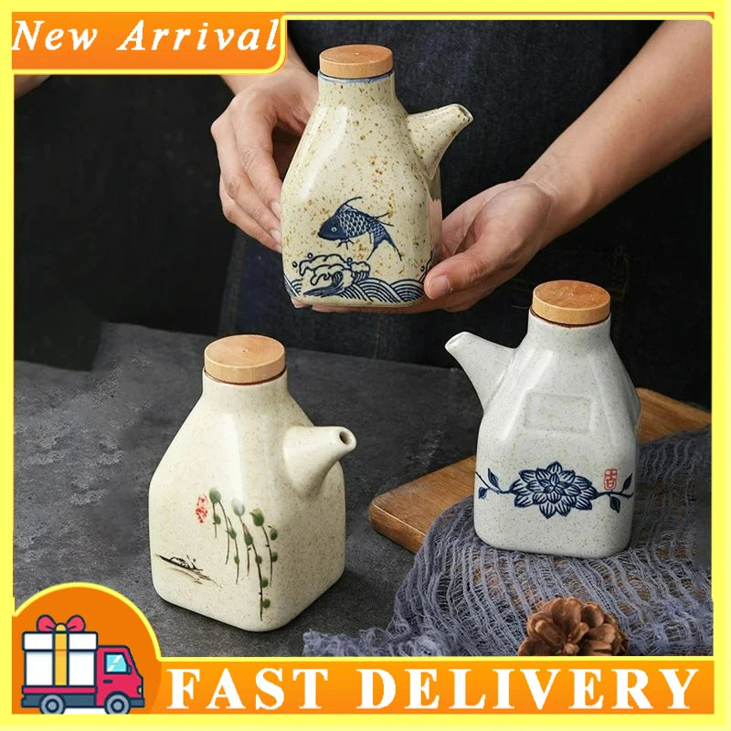 Ceramic Sauce Pot Japanese Style Vinegar Dispenser Soy Sauce Seasoning Tool Cooking Olive Oil Pouring Bottle with Leakproof Lid