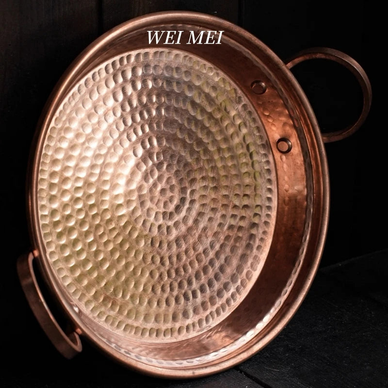 Handcrafted Vintage Copper Fruit Plate,Portable Hammer Texture Circle Shape Bread Tray,Home Food Plate,Kitchenware Tableware