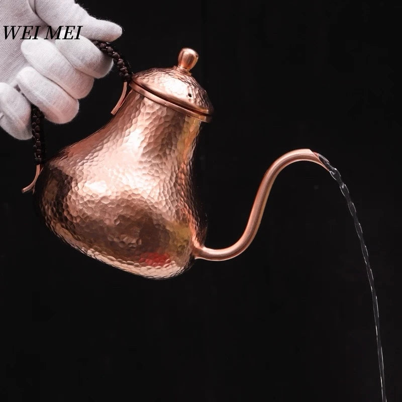 Handcrafted Vintage Pure Copper Coffee Pot,Camping 600 ml Pour-Over Boil Water Kettle,Engraving Hammer Texture Tea Pot Tableware