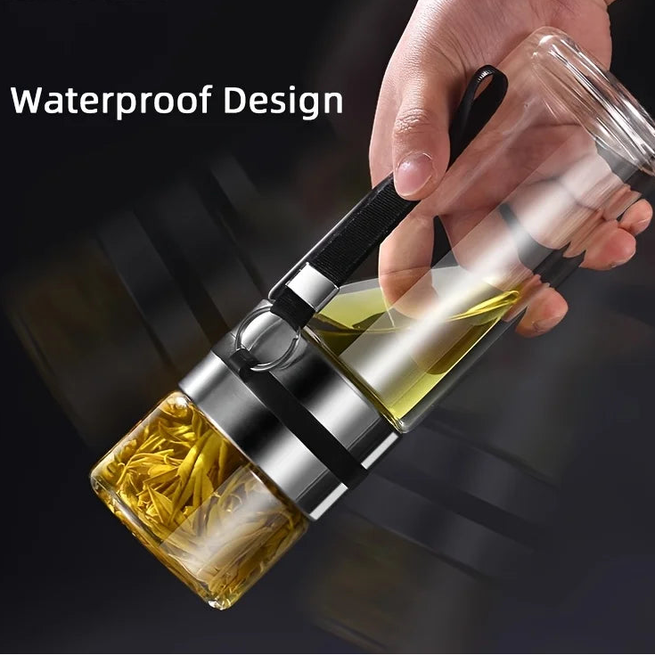 Double-Wall Insulated Glass Tea Soaking Bottle with Water Separation Compartment