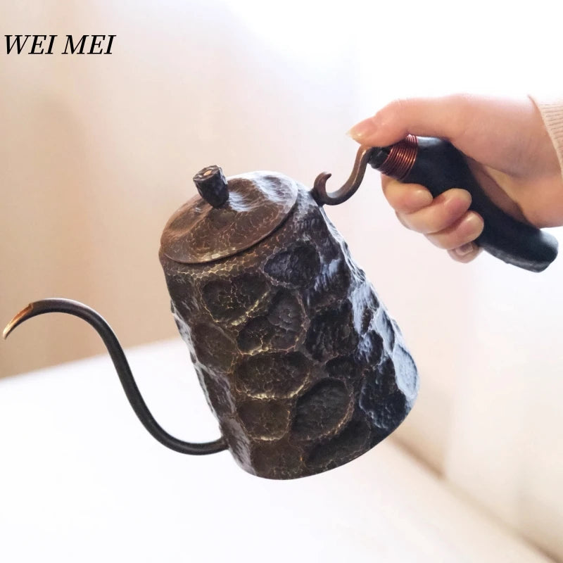 Vintage Copper Long Beak Coffee Pot,for Boiling Water and Brewing Tea,Handcrafted Engraving Rock-Pattern Gift Pot Tableware