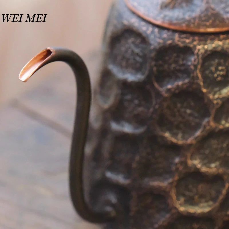 Vintage Copper Long Beak Coffee Pot,for Boiling Water and Brewing Tea,Handcrafted Engraving Rock-Pattern Gift Pot Tableware