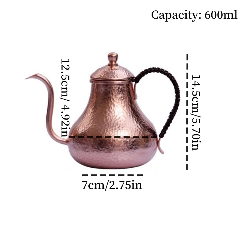 Handcrafted Vintage Pure Copper Coffee Pot,Camping 600 ml Pour-Over Boil Water Kettle,Engraving Hammer Texture Tea Pot Tableware