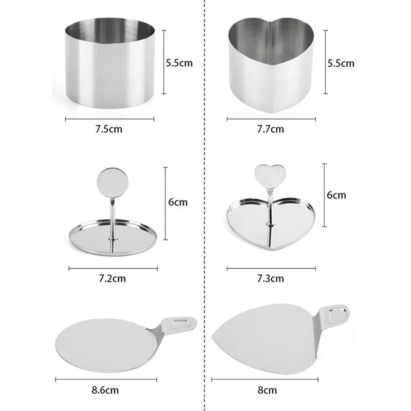 6pcs Cake Ring Molds Round/Heart Shape Stainless Steel Rice Ball Mousses Mold with Pusher & Pallet Kitchen Pastry Accessories