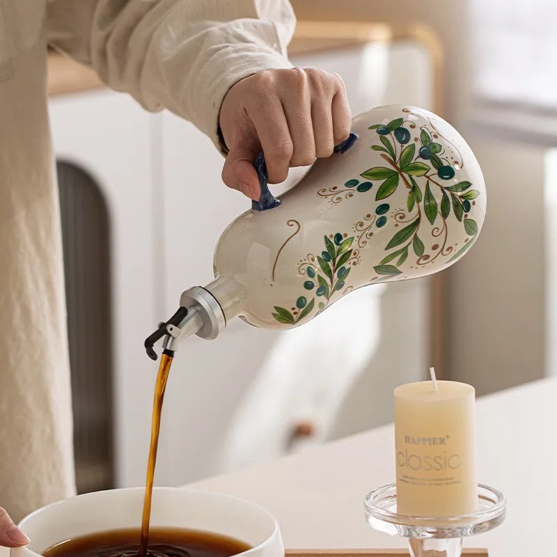 BPA-Free Olive Oil Dispenser Underglaze Embossed Ceramic Oil Vinegar Can Kitchen Accessories Storage Dispenser Container Bottle