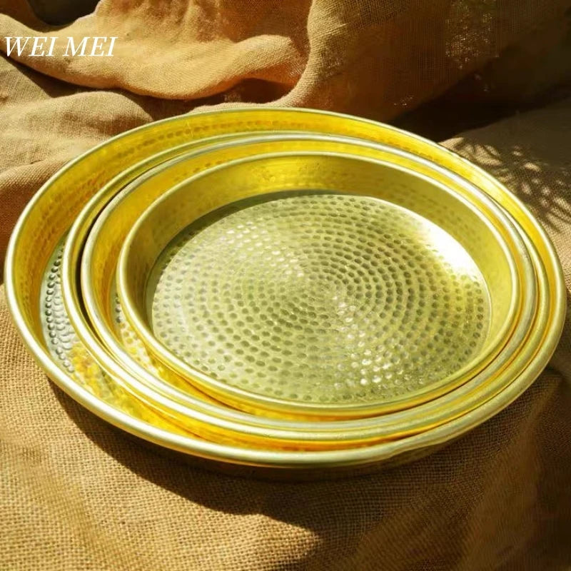Multi-Functional Vintage Brass Fruit Platter,Handcrafted Hammer Texture Coffee Cup Tray Home Cheese Food Plate,Table Tableware