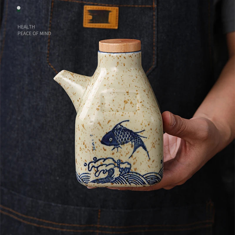 Ceramic Sauce Pot Japanese Style Vinegar Dispenser Soy Sauce Seasoning Tool Cooking Olive Oil Pouring Bottle with Leakproof Lid