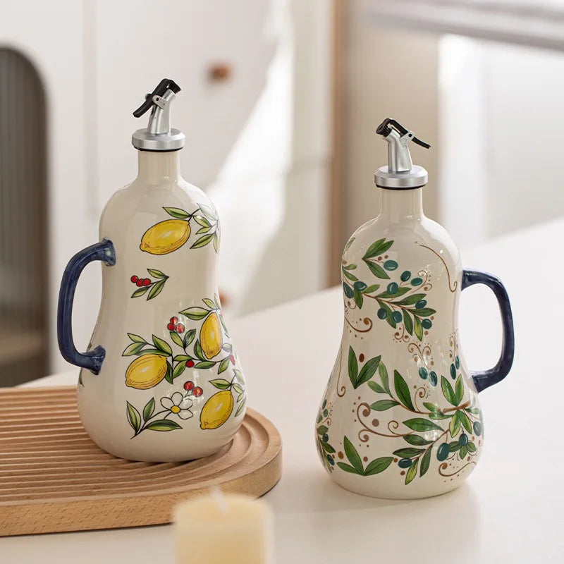 BPA-Free Olive Oil Dispenser Underglaze Embossed Ceramic Oil Vinegar Can Kitchen Accessories Storage Dispenser Container Bottle