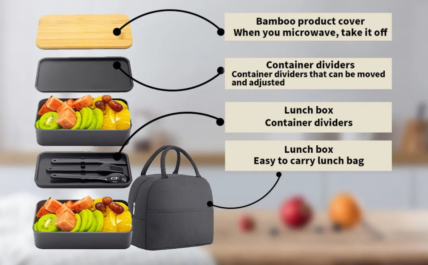 Adult Bento Lunch Box, 2-Tier Food Storage Container Set with Cutlery for Kids/children, Crisper Microwave and Dishwasher Safe