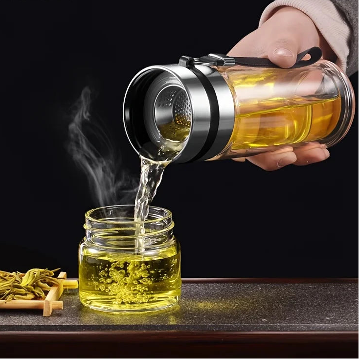 Double-Wall Insulated Glass Tea Soaking Bottle with Water Separation Compartment