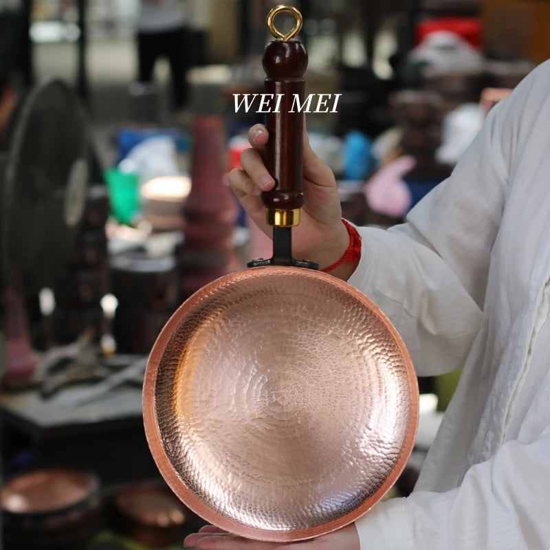 Handcrafted Copper Flat Pan,Campfire Picnic Steak Plate Western-Style Dinner Dish Wooden Handle Skillet Flat Bottom PanTableware