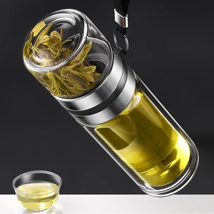 Double-Wall Insulated Glass Tea Soaking Bottle with Water Separation Compartment