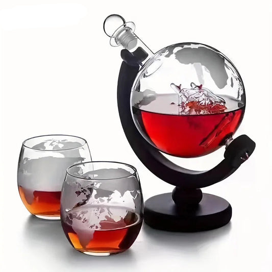 900ML Creative Globe Decanter Set with Lead-free Carafe Exquisite Wood-stand and 2 Glasses