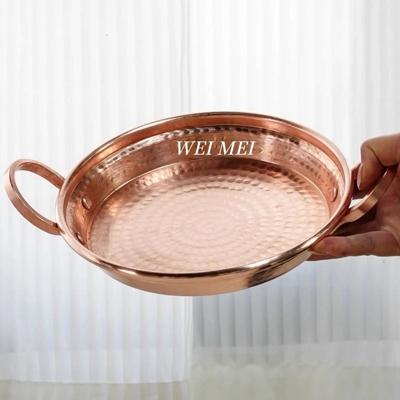 Handcrafted Vintage Copper Fruit Plate,Portable Hammer Texture Circle Shape Bread Tray,Home Food Plate,Kitchenware Tableware
