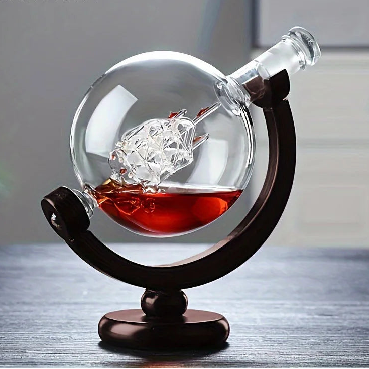 900ML Creative Globe Decanter Set with Lead-free Carafe Exquisite Wood-stand and 2 Glasses