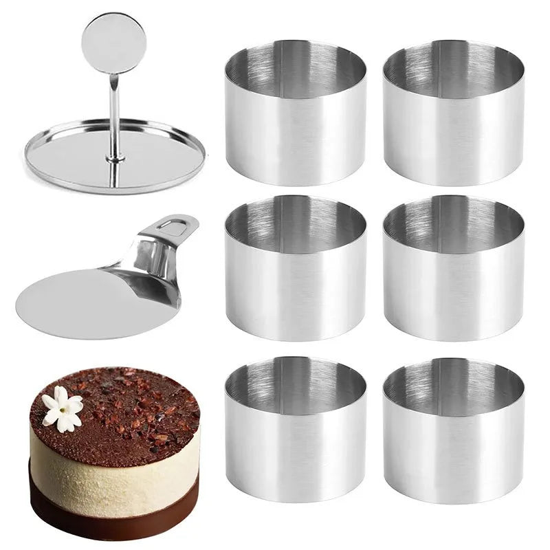 6pcs Cake Ring Molds Round/Heart Shape Stainless Steel Rice Ball Mousses Mold with Pusher & Pallet Kitchen Pastry Accessories