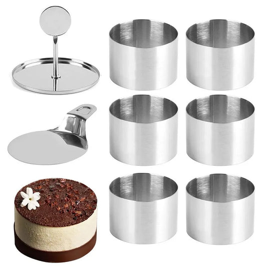 6pcs Cake Ring Molds Round/Heart Shape Stainless Steel Rice Ball Mousses Mold with Pusher & Pallet Kitchen Pastry Accessories