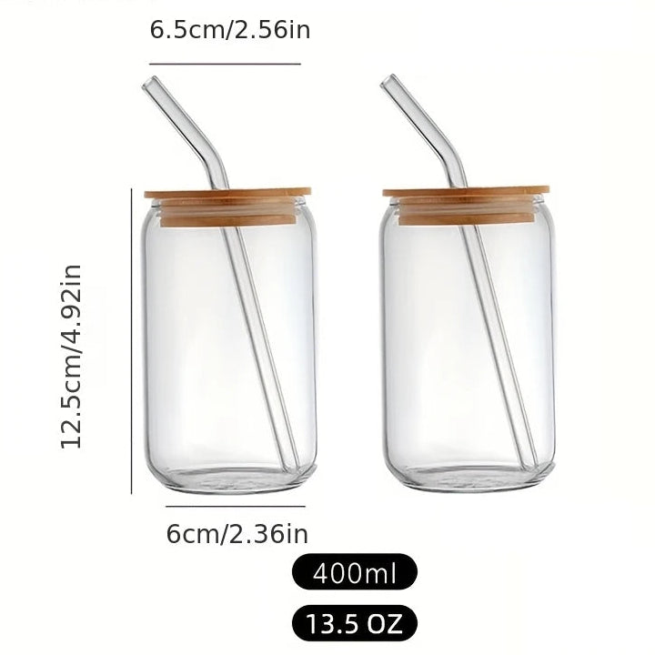 Drinking Glasses with Bamboo Lids and Glass Straws