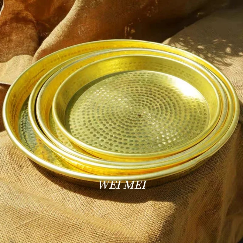 Multi-Functional Vintage Brass Fruit Platter,Handcrafted Hammer Texture Coffee Cup Tray Home Cheese Food Plate,Table Tableware