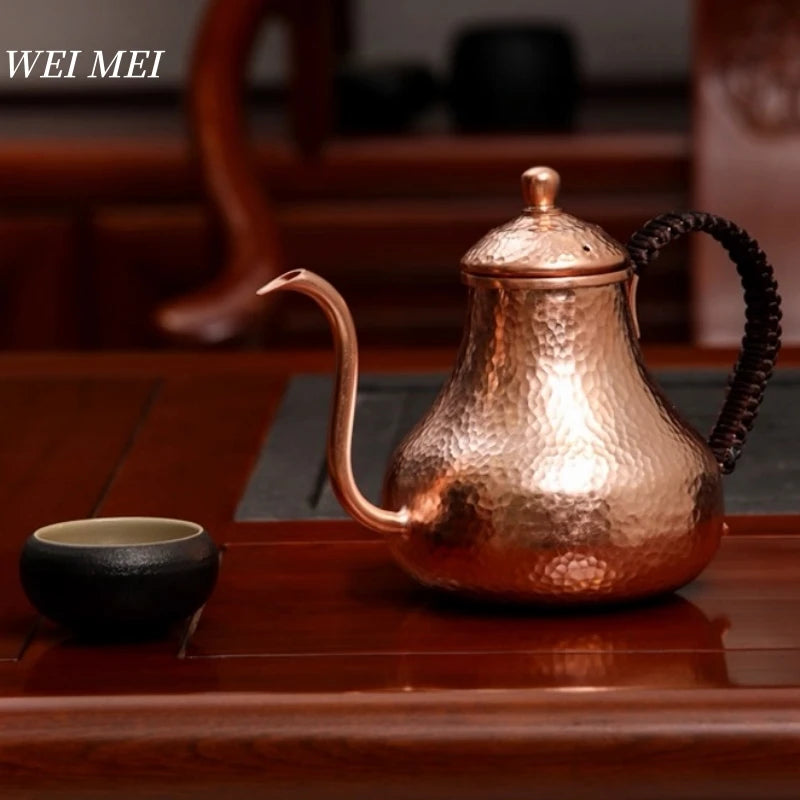 Handcrafted Vintage Pure Copper Coffee Pot,Camping 600 ml Pour-Over Boil Water Kettle,Engraving Hammer Texture Tea Pot Tableware