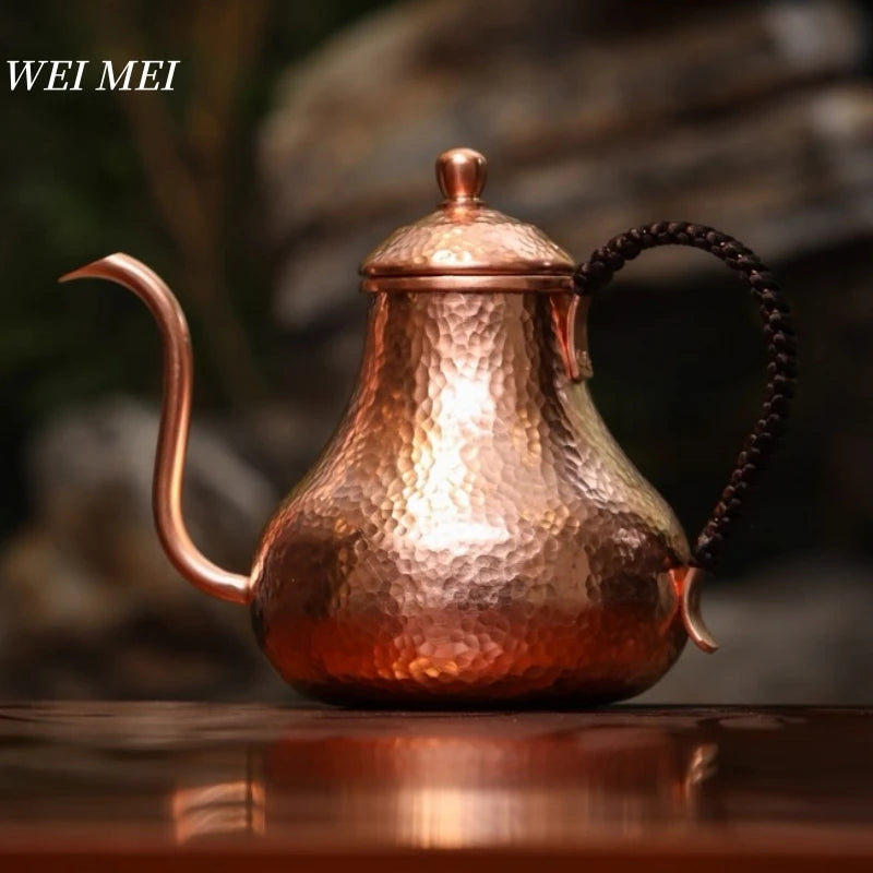 Handcrafted Vintage Pure Copper Coffee Pot,Camping 600 ml Pour-Over Boil Water Kettle,Engraving Hammer Texture Tea Pot Tableware