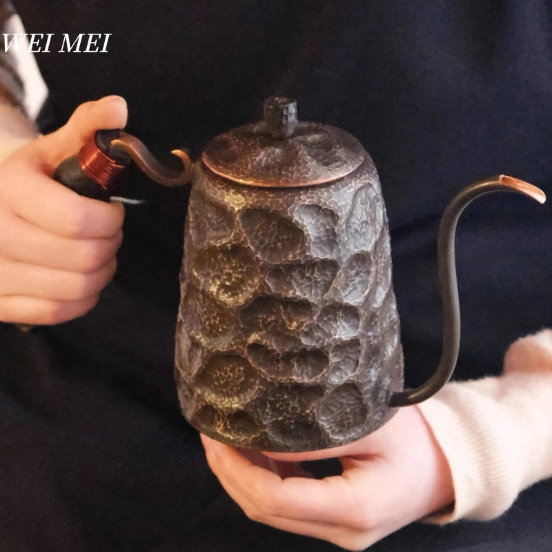 Vintage Copper Long Beak Coffee Pot,for Boiling Water and Brewing Tea,Handcrafted Engraving Rock-Pattern Gift Pot Tableware